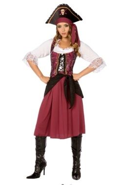 Women's Burgundy Pirate Costume with Lace Bodice and Headscarf Small